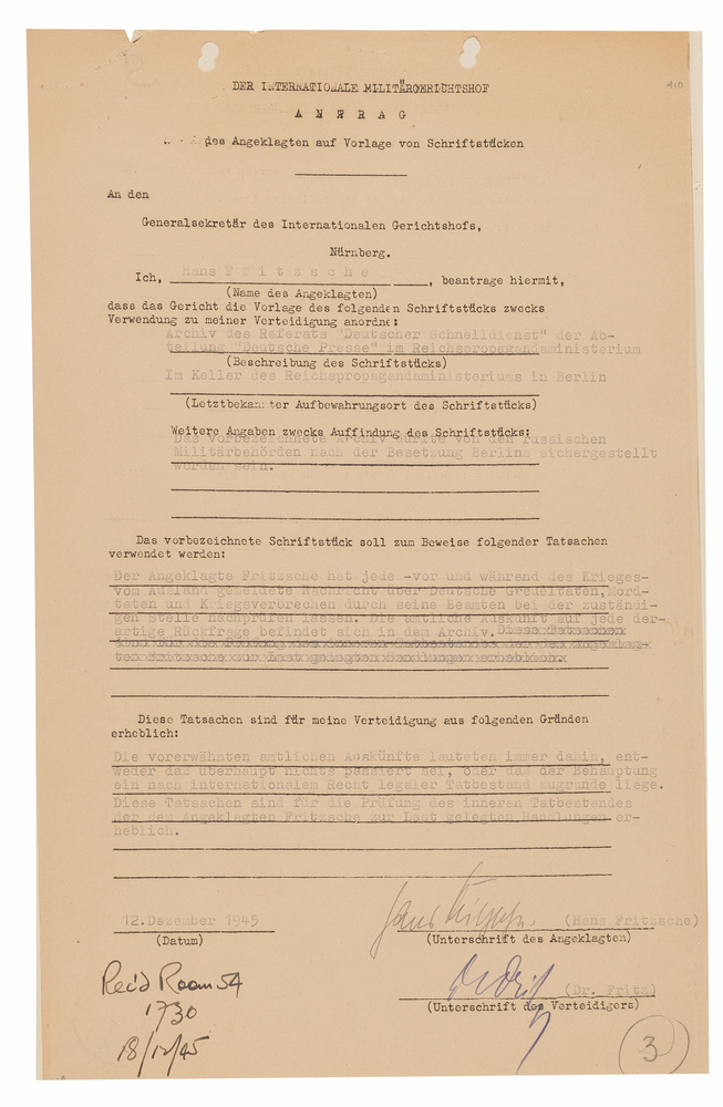 Lot 7220 Hans Fritzsche Document Signed at Nuremberg, on Examining 