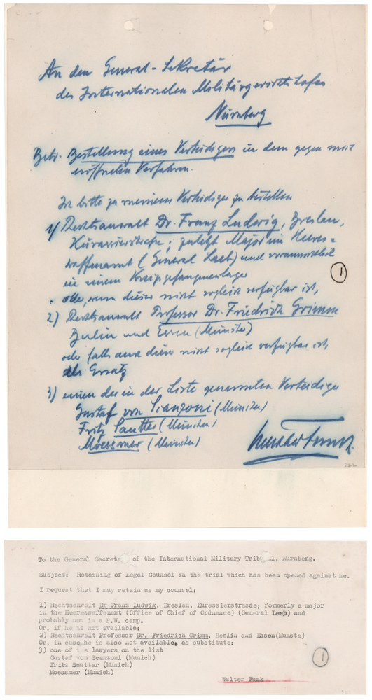 Lot 7185 Walther Funk Autograph Document Signed, Naming His Preferred Attorney for the Nuremberg Trials