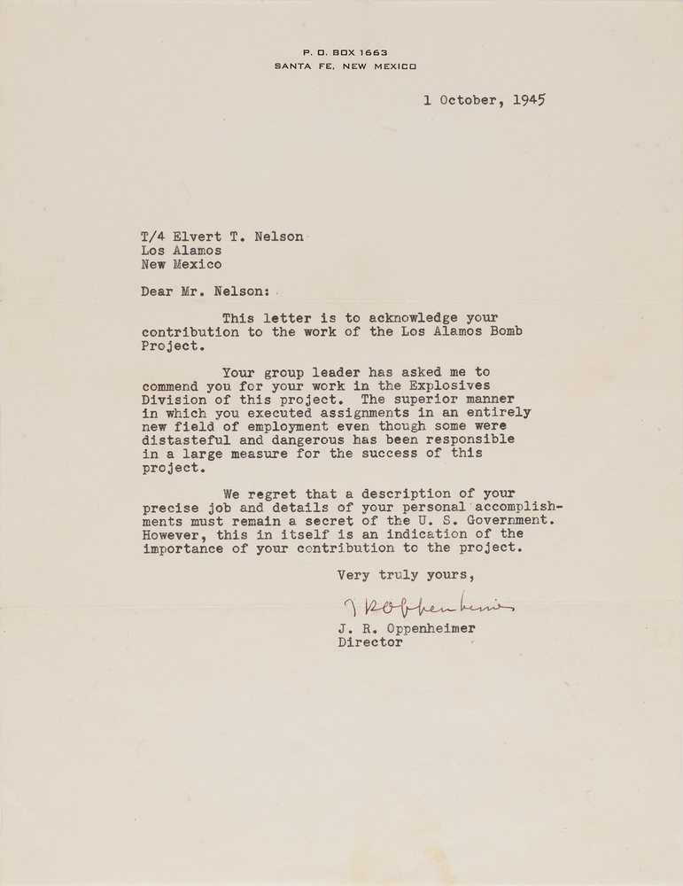 Lot 7105 Robert Oppenheimer Typed Letter Signed to a Los Alamos Explosives Division Technician, Praising Work That Was 