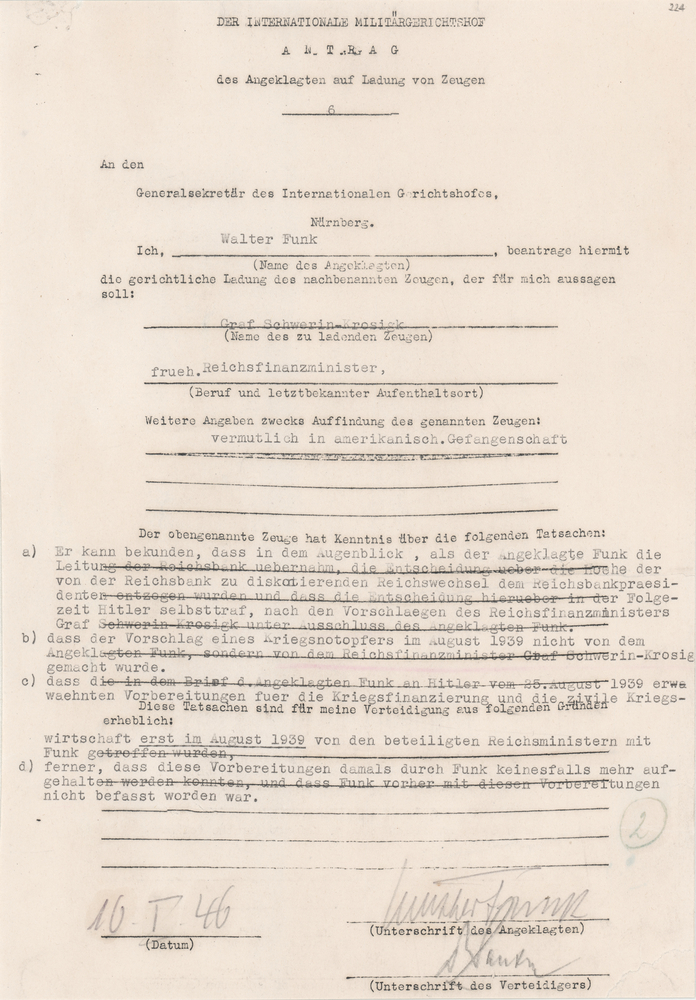 Lot 7182 Walther Funk Document Signed at Nuremberg, Seeking Testimony from Hitler’s Finance Minister