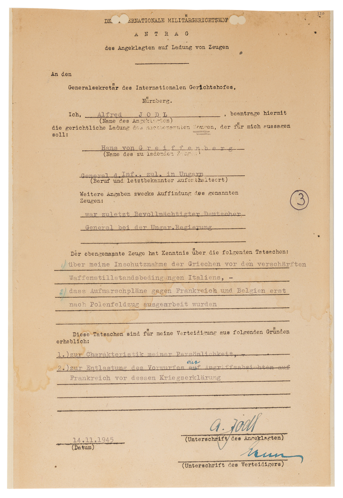 Lot 7164 Alfred Jodl Document Signed at Nuremberg, Seeking Testimony to 