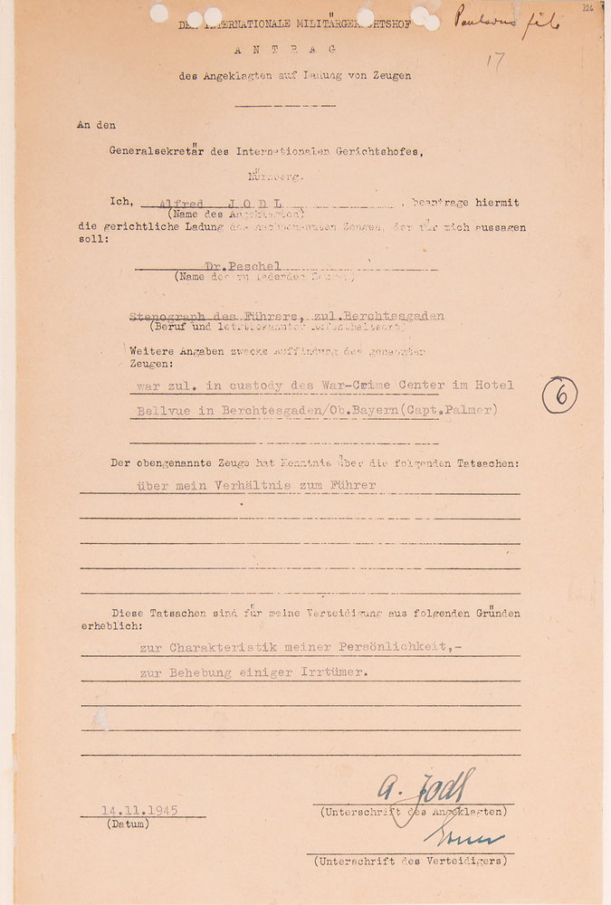 Lot 7167 Alfred Jodl Document Signed at Nuremberg, Calling for Hitler's Stenographer to Testify on His 