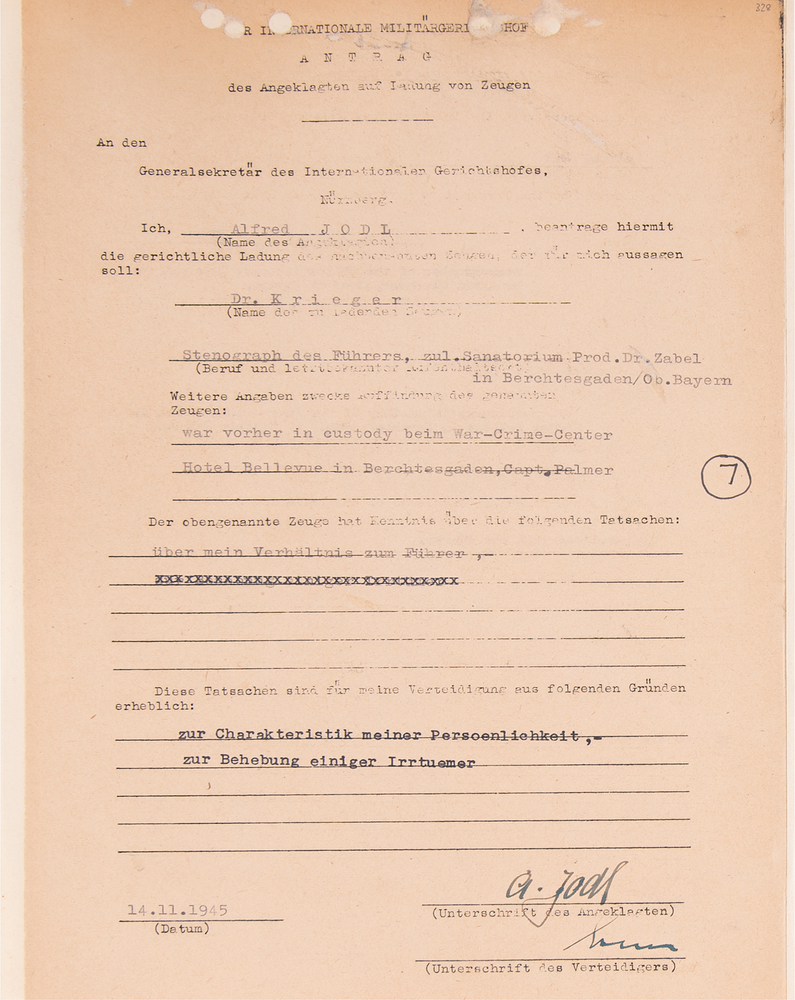Lot 7168 Alfred Jodl Document Signed at Nuremberg, Summoning Testimony from Hitler’s Stenographer on His “Relations with the Führer”