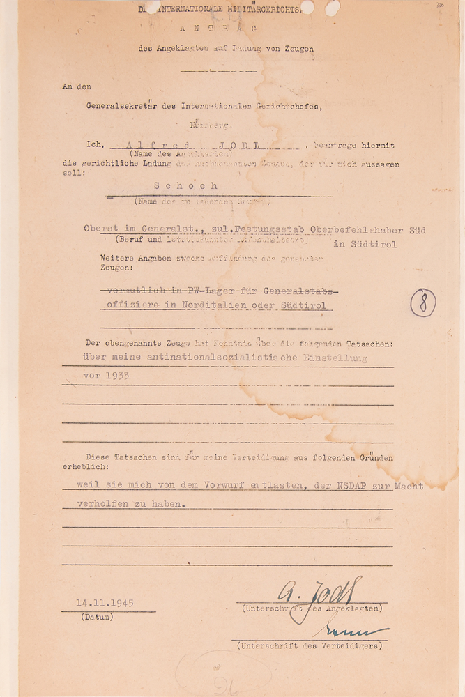 Lot 7163 Alfred Jodl Document Signed at Nuremberg, Seeking Testimony on His “Anti-National Socialist Attitude” Before 1933