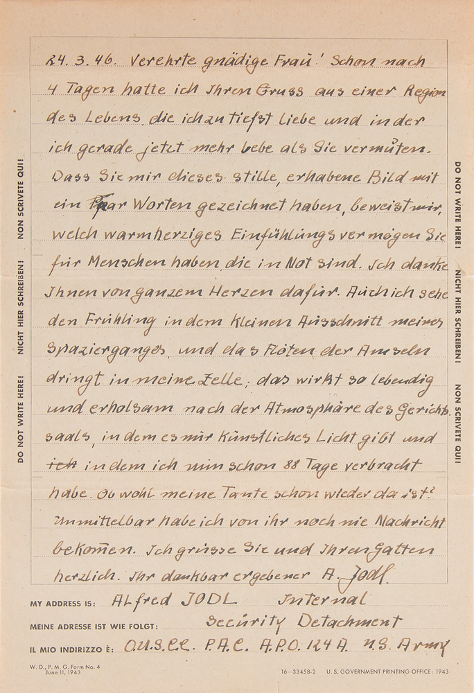 Lot 7170 Alfred Jodl Autograph Letter Signed from Nuremberg Prison: 