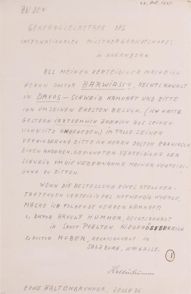 Lot 7133 Ernst Kaltenbrunner Autograph Document Signed at Nuremberg, Appointing His Attorney