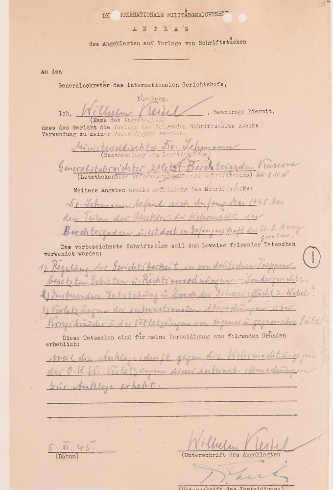 Lot 7129 Wilhelm Keitel Document Signed at Nuremberg, Seeking Testimony from the Architect of the “Night and Fog” Decree