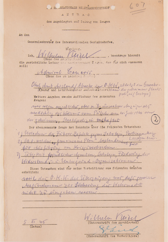Lot 7130 Wilhelm Keitel Document Signed at Nuremberg, Seeking Testimony from Executed Abwehr Chief Wilhelm Canaris