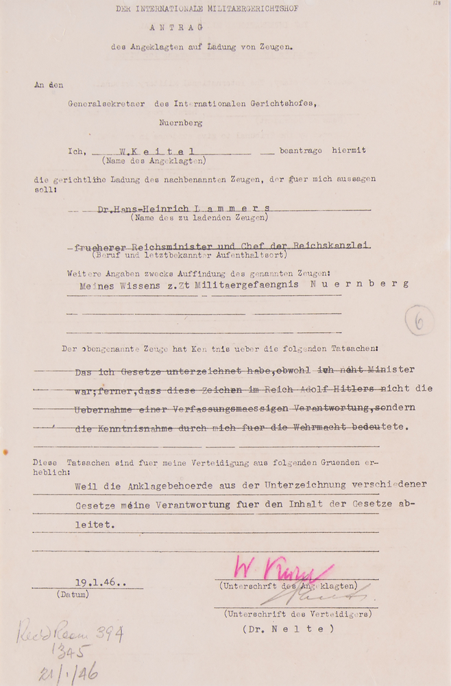 Lot 7127 Wilhelm Keitel Document Signed at Nuremberg, Denying His 'Constitutional Responsibility' for Nazi Laws