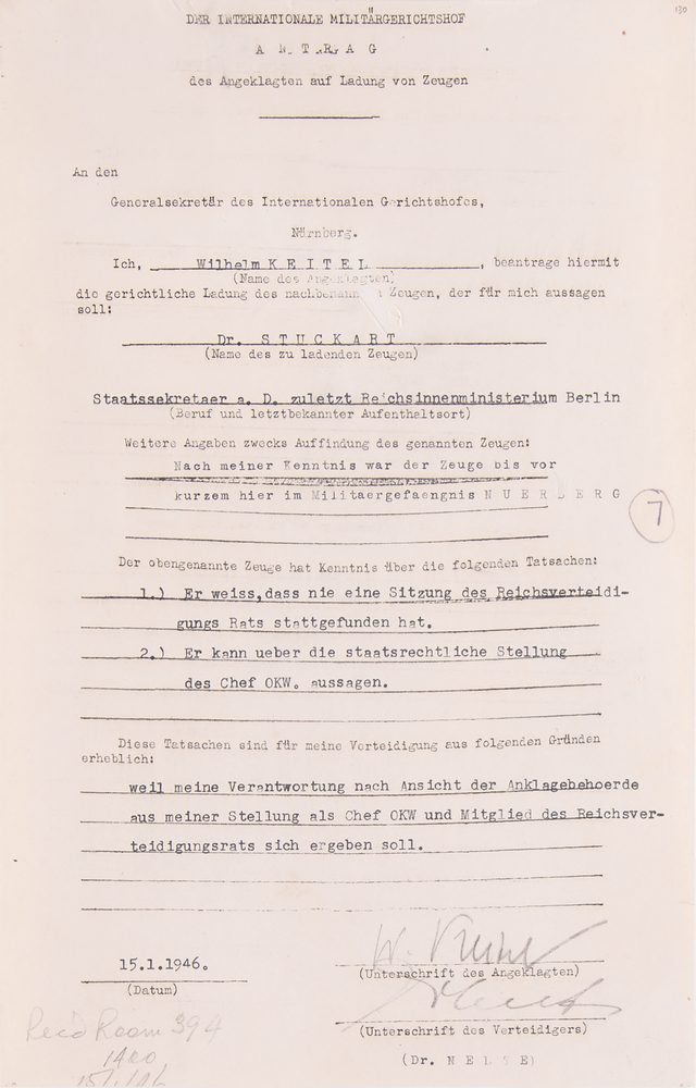 Lot 7126 Wilhelm Keitel Document Signed at Nuremberg, Calling Wilhelm Stuckart to Testify to His Responsibilities as Chief of the OKW