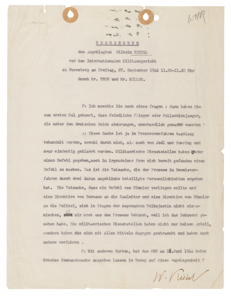 Lot 7131 Wilhelm Keitel Triple-Signed Typed Nuremberg Interrogation Transcript on the Killing of Downed Allied Airmen: 
