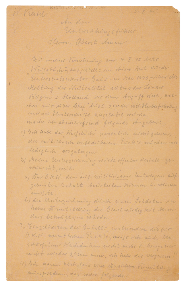Lot 7128 Wilhelm Keitel Autograph Manuscript Signed at Nuremberg, Distancing Himself from the Nazi 'White Book' Used to Justify the Invasion of Belgium and Holland