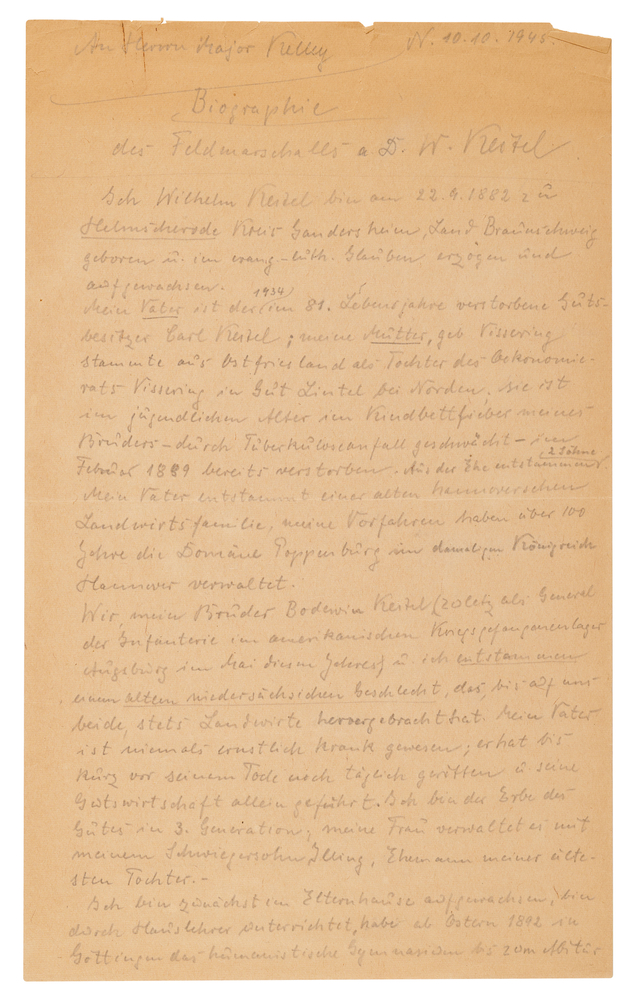 Lot 7125 Wilhelm Keitel Autograph Manuscript Signed at Nuremberg, His Autobiographical Statement for Psychiatrist Douglas Kelley