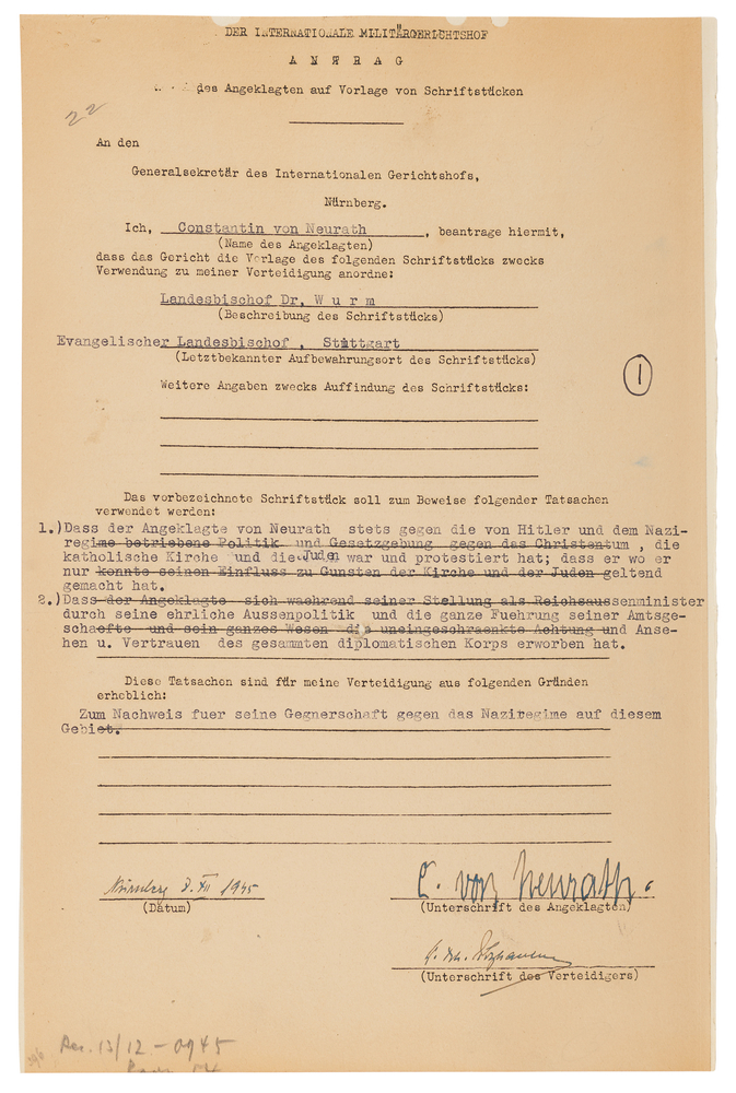 Lot 7197 Konstantin von Neurath Document Signed at Nuremberg, Calling on Bishop Theophil Wurm to Support His Claim of Opposition to the Nazi Regime