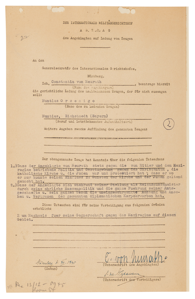 Lot 7198 Konstantin von Neurath, Calling on Papal Nuncio Cesare Orsenigo to Testify on His Opposition to Hitler and the Nazi Regime's Anti-Jewish Measures