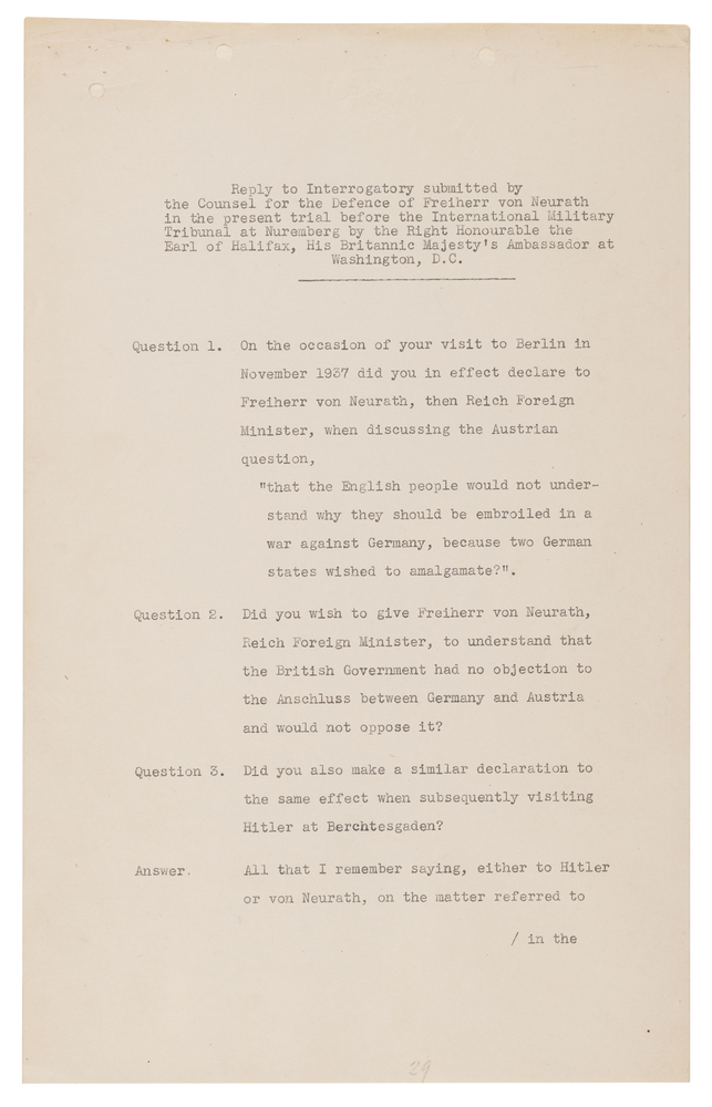 Lot 7199 Edward Wood, 1st Earl of Halifax Typed Letter Signed to the International Military Tribunal at Nuremberg on Konstantin von Neurath