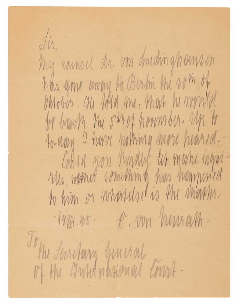 Lot 7200 Konstantin von Neurath Autograph Letter Signed, Seeking His Absent Defense Counsel Six Days Before the Opening of the International Military Tribunal at Nuremberg