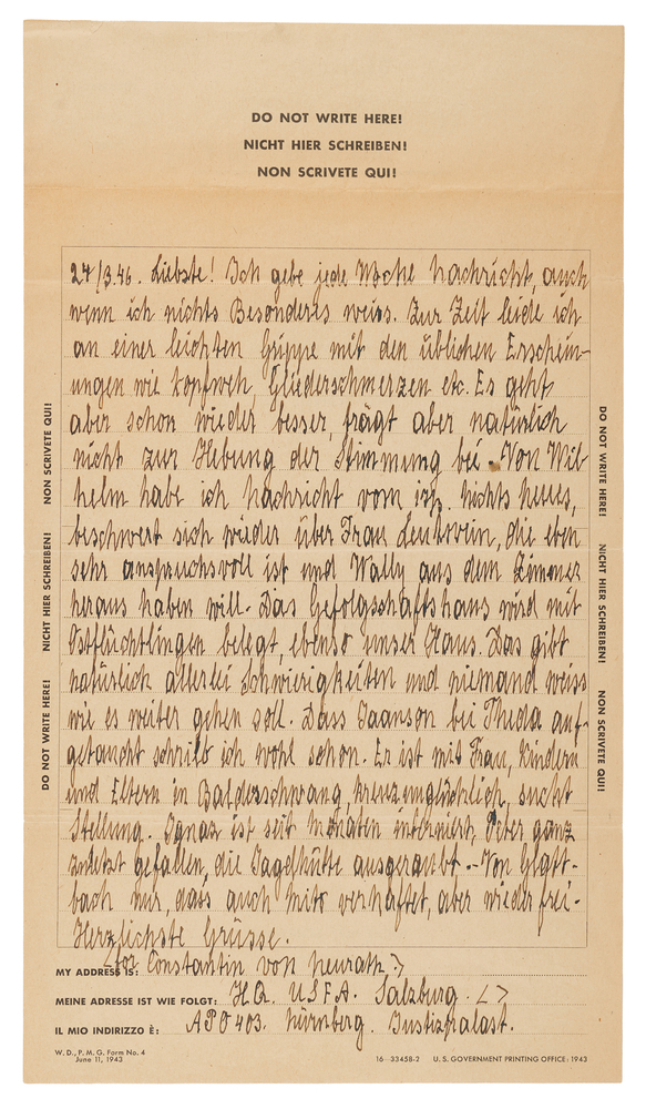 Lot 7201 Konstantin von Neurath Autograph Letter Signed from Nuremberg to His Wife, Commenting on Upheaval in Postwar Germany