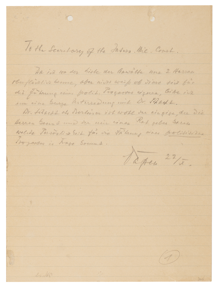 Lot 7213 Franz von Papen Autograph Letter Signed at Nuremberg, Requesting Legal Advice from Hjalmar Schacht in Advance of the 
