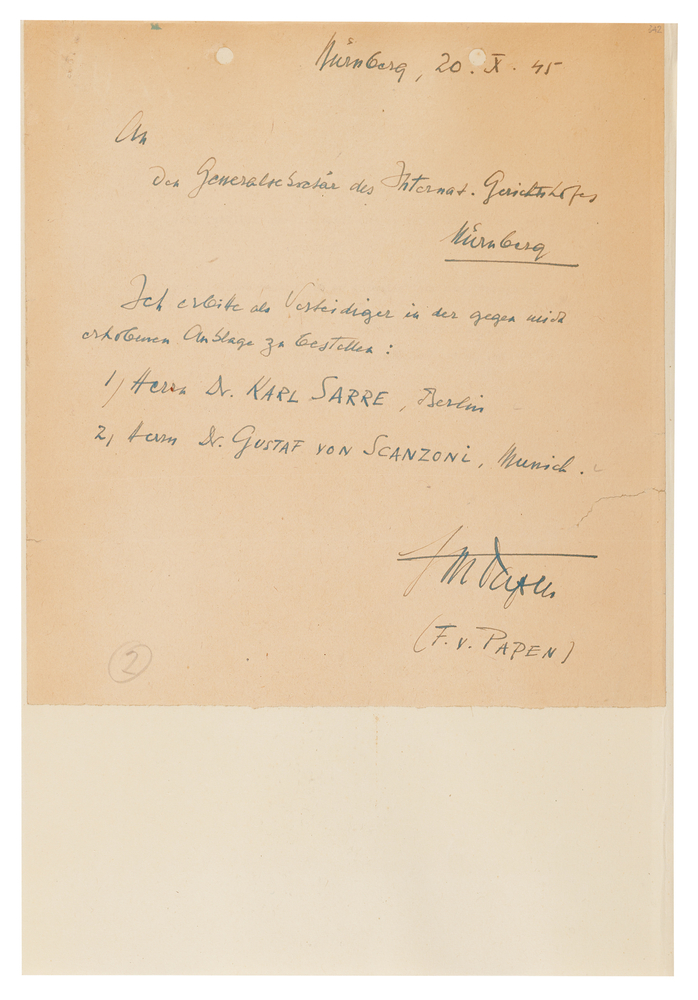 Lot 7214 Franz von Papen Autograph Letter Signed at Nuremberg, Appointing His Attorneys