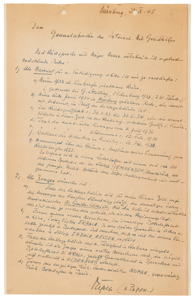 Lot 7216 Franz von Papen Autograph Document Signed at Nuremberg, Requesting Evidence and Witnesses for His Defense