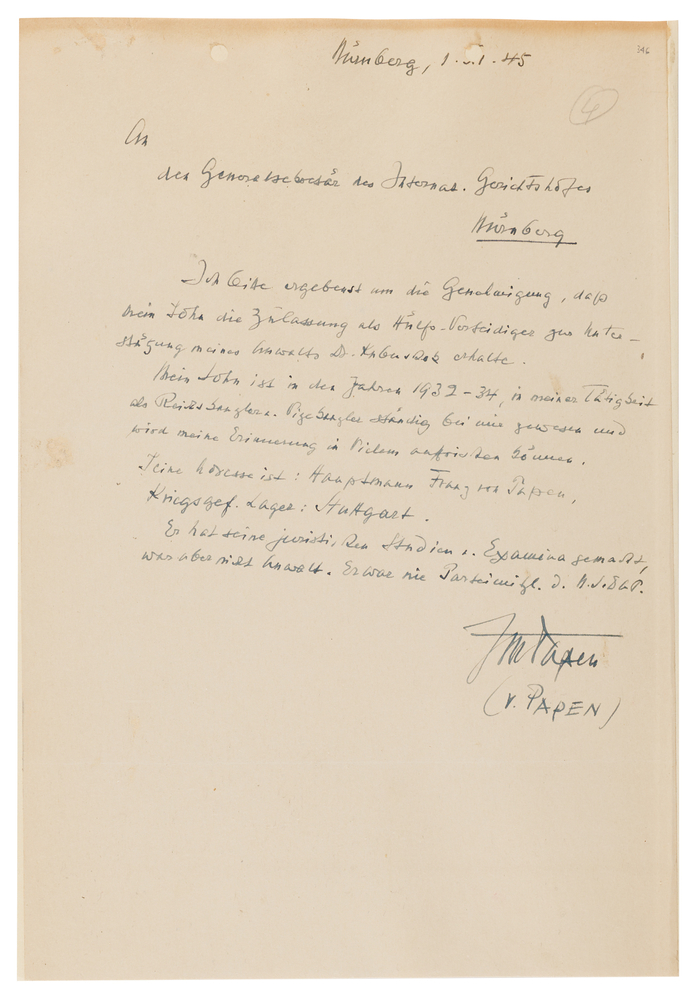 Lot 7215 Franz von Papen Autograph Letter Signed at Nuremberg, Requesting His Son Join His Defense Team