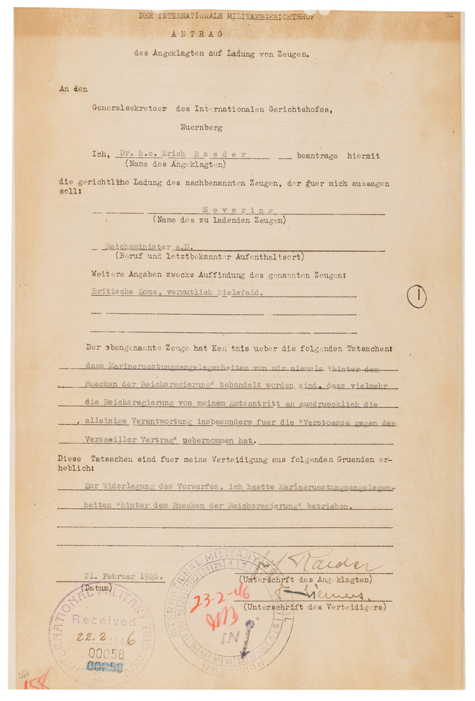 Lot 7189 Erich Raeder Document Signed at Nuremberg, Seeking Testimony on Secret German Naval Rearmament and Alleged 
