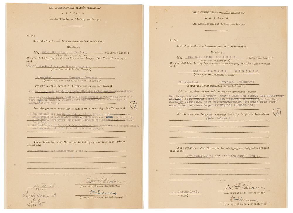 Lot 7191 Erich Raeder (2) Documents Signed at Nuremberg, Requesting Testimony from His Former Adjutant Erich Schulte-Mönting