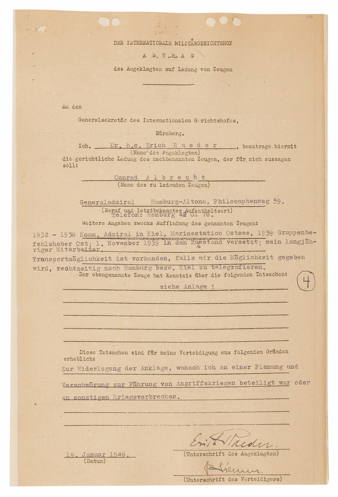 Lot 7190 Erich Raeder Document Signed at Nuremberg, Calling a Witness to Refute Charges of a “Plan and Conspiracy to Wage Wars of Attack”