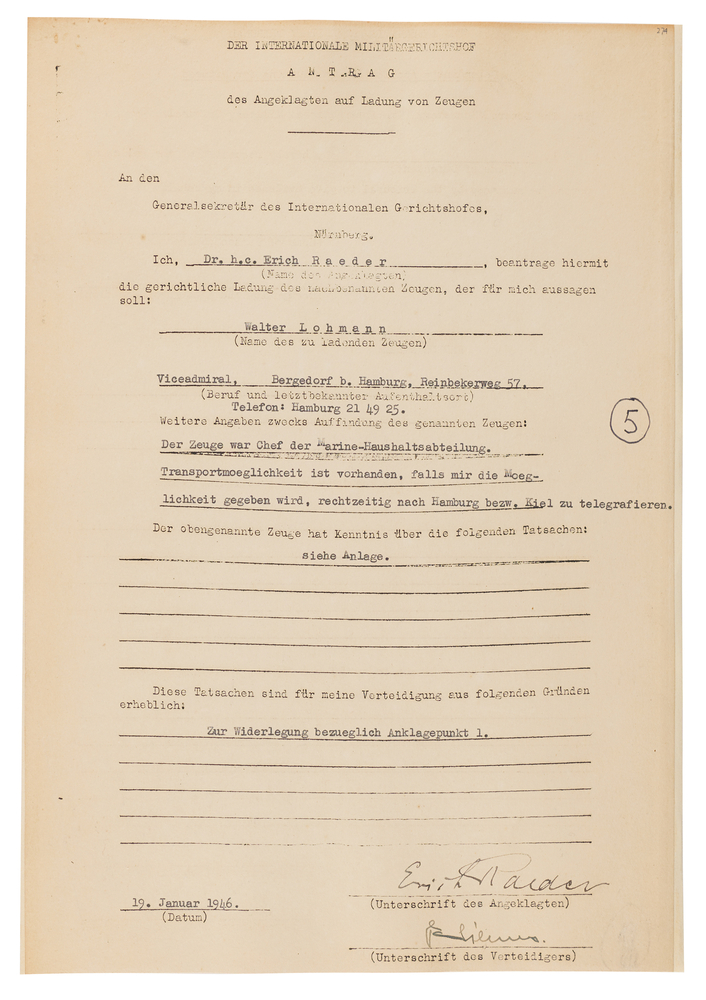 Lot 7188 Erich Raeder Document Signed at Nuremberg - Witness Request for Architect of Germany’s Secret Naval Rearmament