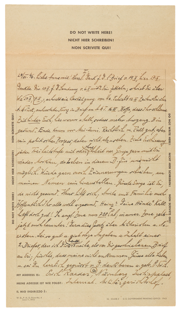 Lot 7193 Erich Raeder Autograph Letter Signed from Nuremberg Prison: 