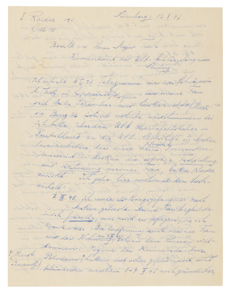 Lot 7194 Erich Raeder Autograph Letter Signed from Nuremberg on His Wife’s Soviet Detention and “Kidnapping”