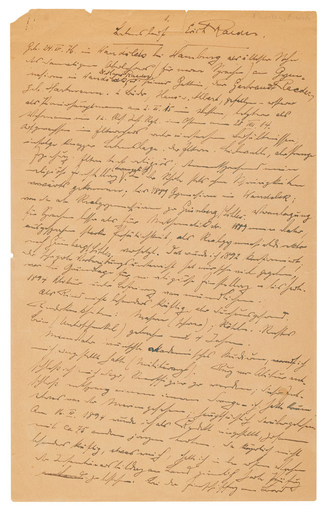 Lot 7187 Erich Raeder Autograph Manuscript Signed at Nuremberg, Outlining His Life and Naval Career