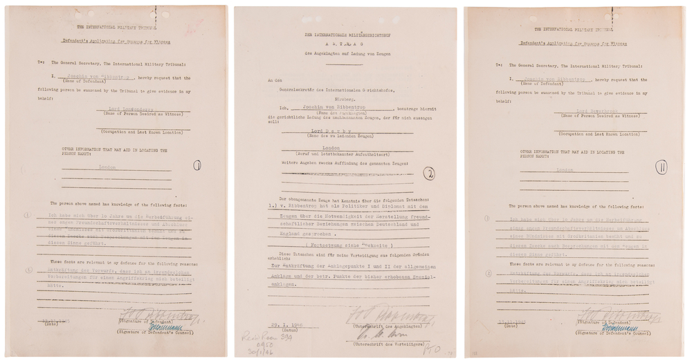 Lot 7119 Joachim von Ribbentrop (3) Documents Signed at Nuremberg, Seeking Testimony from Three Prominent British Figures: Lords Londonderry, Beaverbrook, and Derby