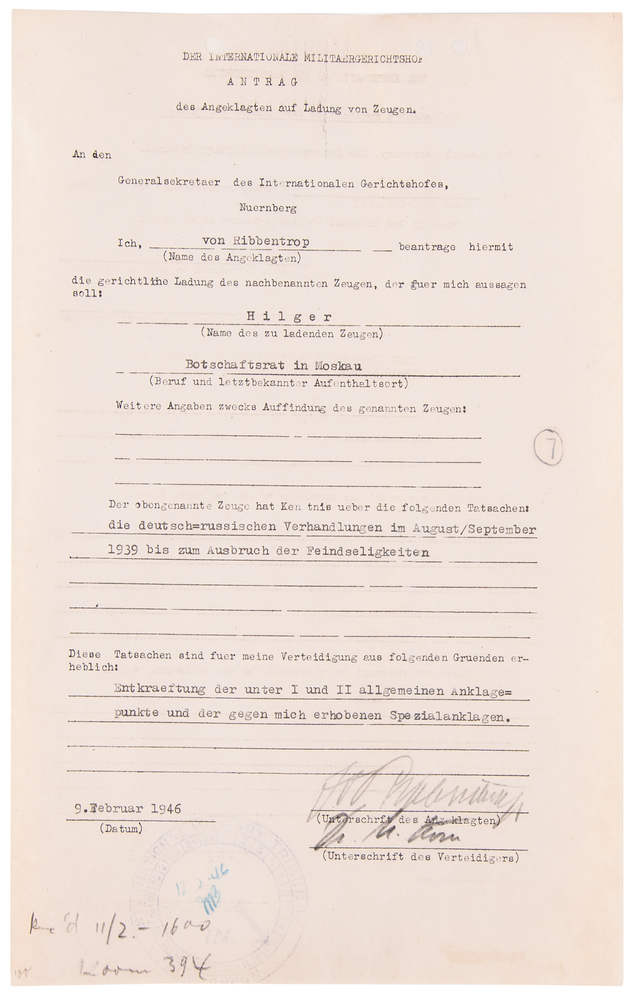 Lot 7122 Joachim von Ribbentrop Document Signed at Nuremberg, Seeking Testimony on the Molotov-Ribbentrop Pact
