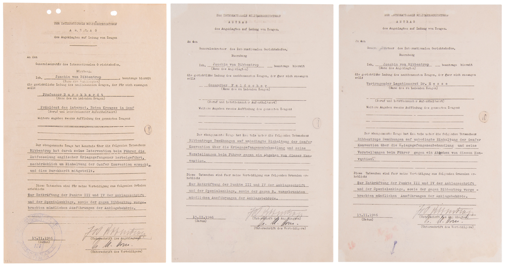 Lot 7123 Joachim von Ribbentrop (3) Documents Signed at Nuremberg, Concerning Geneva Convention Protections for Prisoners of War