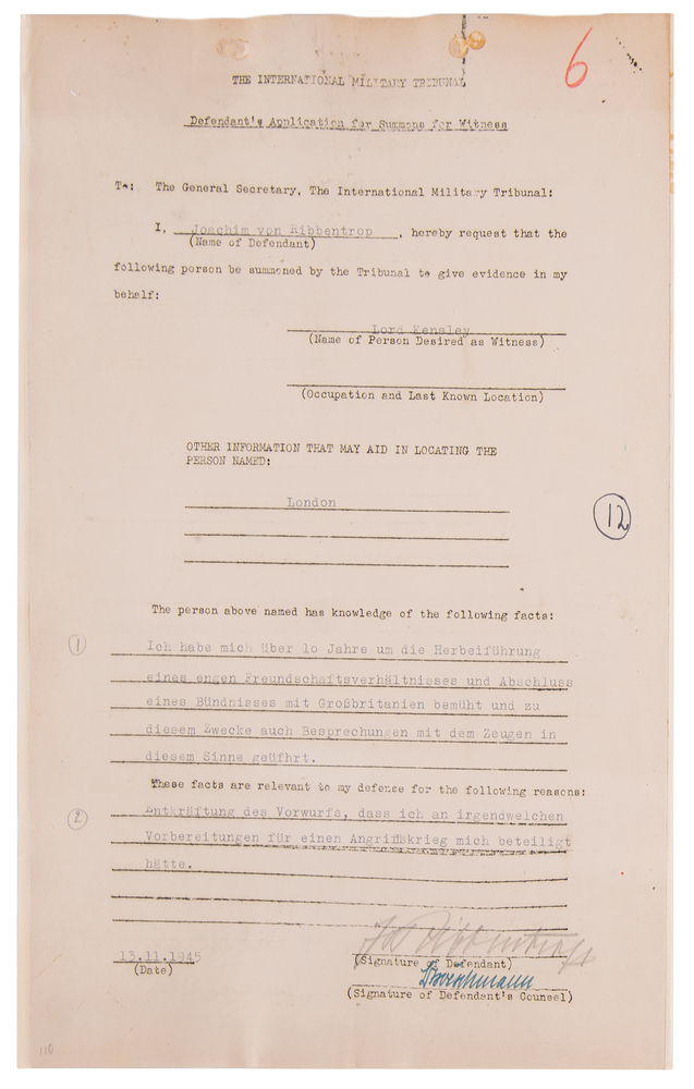 Lot 7120 Joachim von Ribbentrop Document Signed at Nuremberg, Seeking Lord Kemsley’s Testimony on Anglo-German Relations