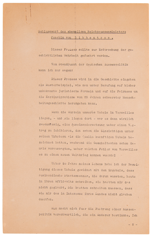 Lot 7124 Joachim von Ribbentrop Typed Manuscript Signed at Nuremberg - His Final Defense Plea