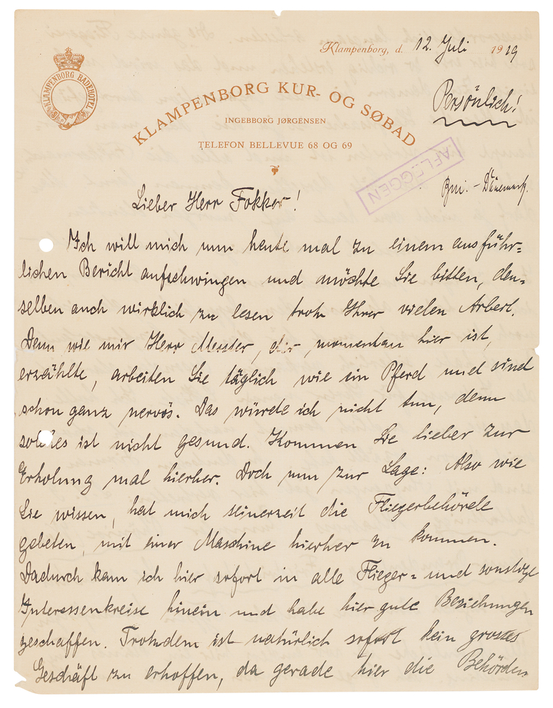 Lot 7011 Hermann Göring Autograph Letter Signed to Anthony Fokker on Promoting His Aircraft in Denmark: 
