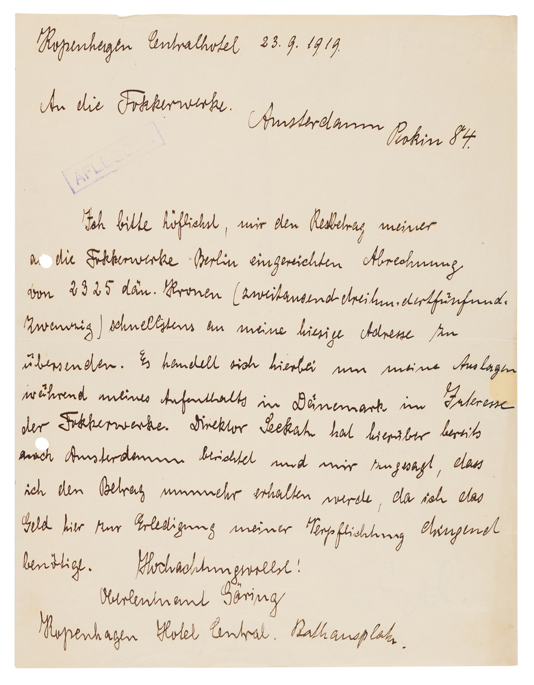 Lot 7010 Hermann Göring Autograph Letter Signed to Anthony Fokker, Seeking Reimbursement for Danish Aviation Expenses