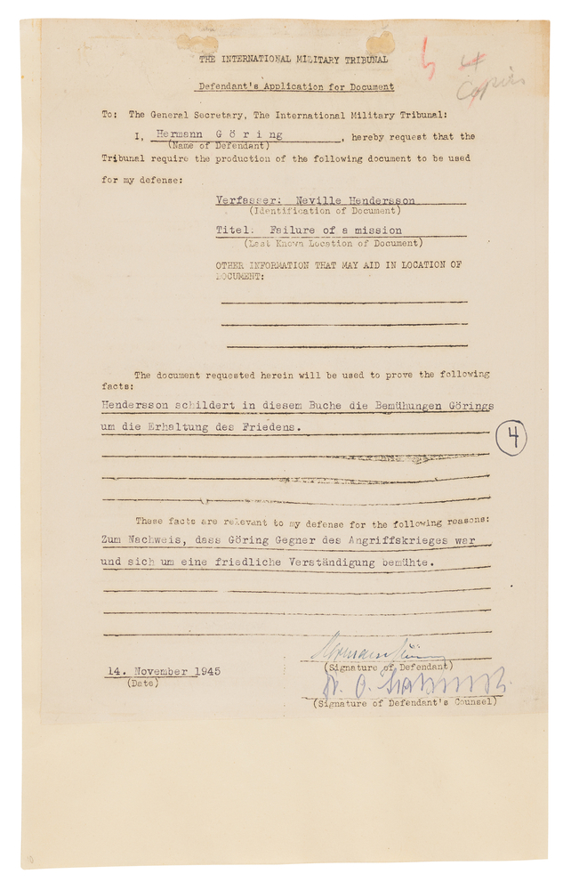 Lot 7116 Hermann Göring Document Signed at Nuremberg and Emmy Göring Autograph Letter Signed to the International Military Tribunal, Pleading for a Final Visit with Her Husband