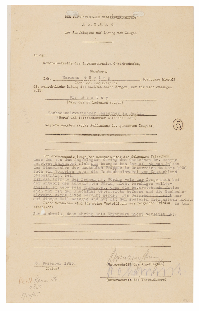 Lot 7109 Hermann Göring Document Signed at Nuremberg, Defending His Broken 