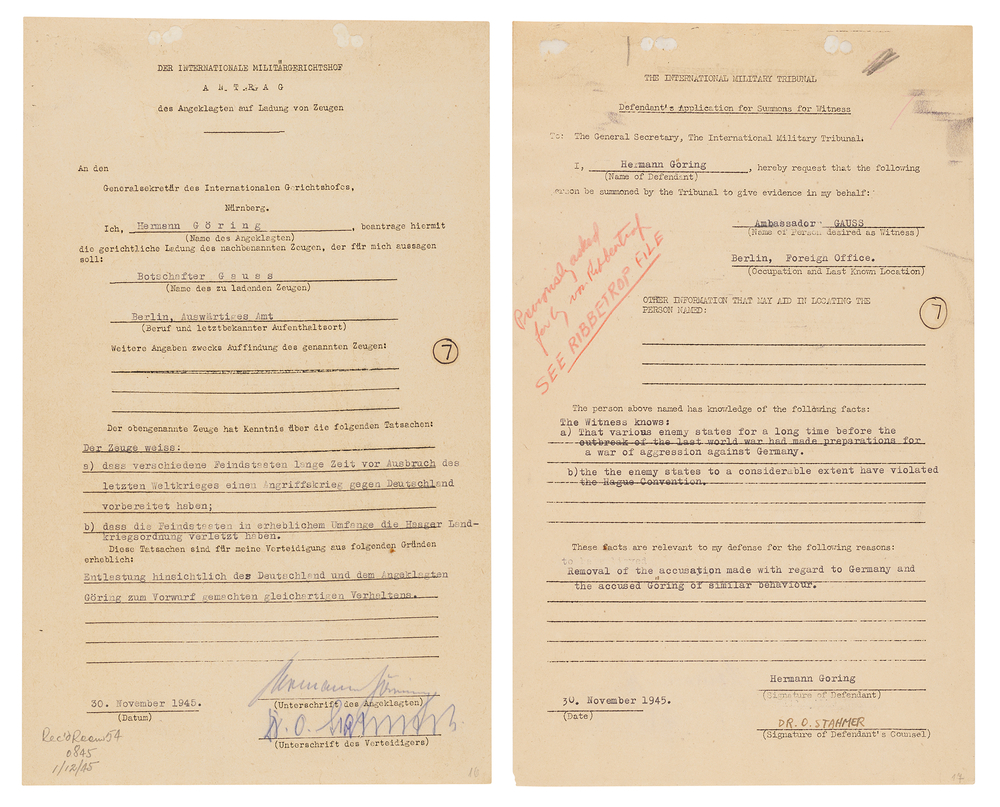 Lot 7113 Hermann Göring Document Signed at Nuremberg, Seeking Friedrich Gaus to Shift Blame for Aggressive War