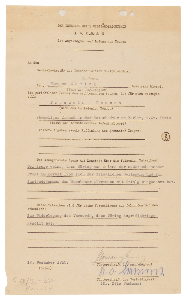 Lot 7111 Hermann Göring Document Signed at Nuremberg, Invoking the Munich Agreement in His 'Peace in Our Time' Defense