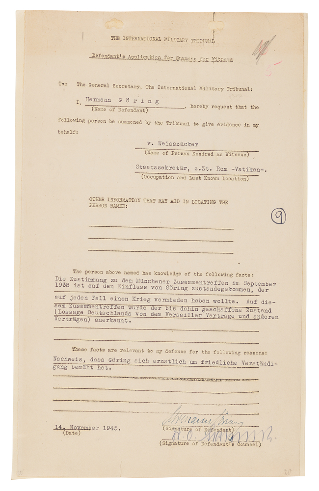 Lot 7110 Hermann Göring Document Signed at Nuremberg, Requesting Testimony from Ernst von Weizsäcker: 