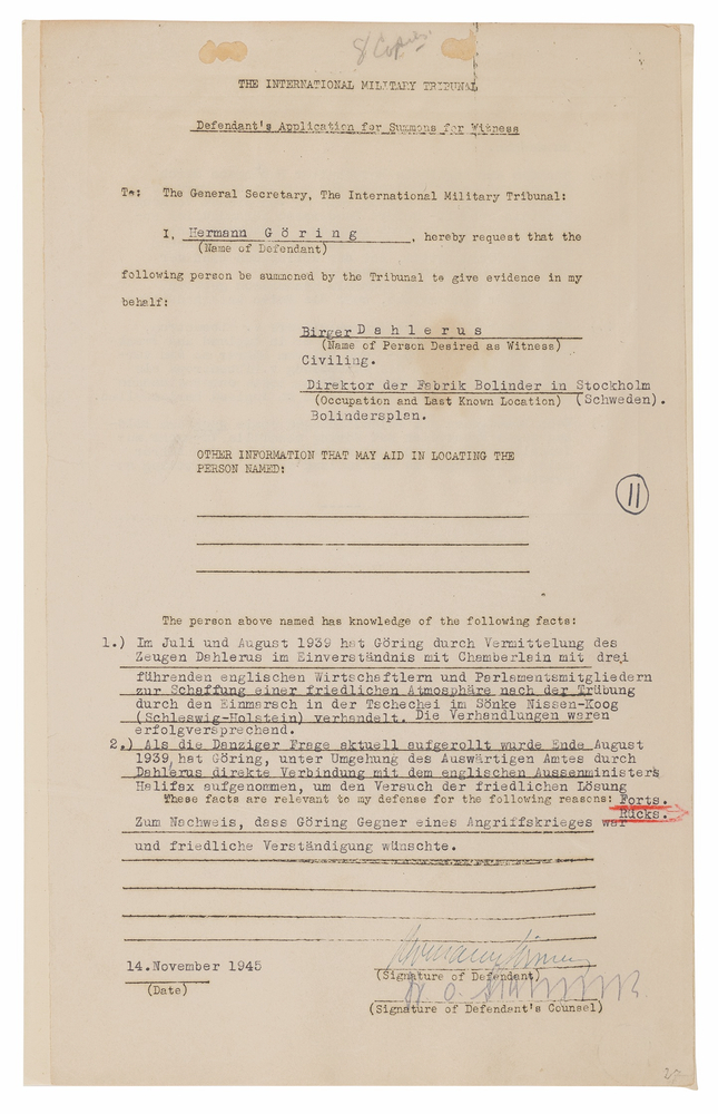 Lot 7112 Hermann Göring Document Signed at Nuremberg - Witness Application for Birger Dahlerus, Citing Secret 1939 Peace Negotiations with Britain