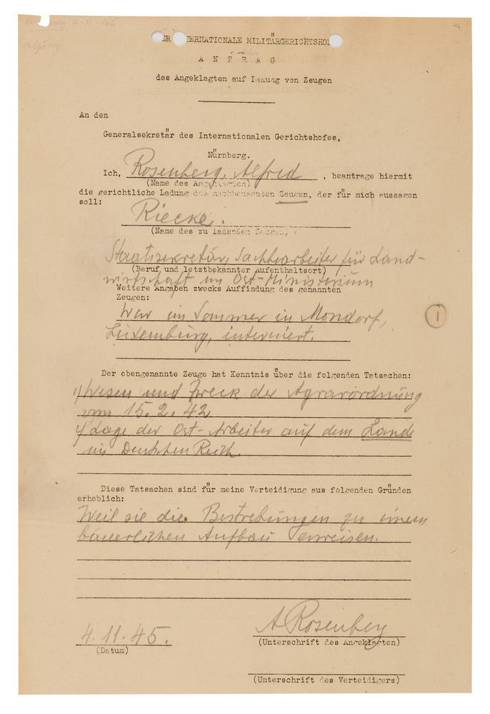 Lot 7136 Alfred Rosenberg Document Signed at Nuremberg, Calling the Architect of the 'Hunger Plan' to Testify
