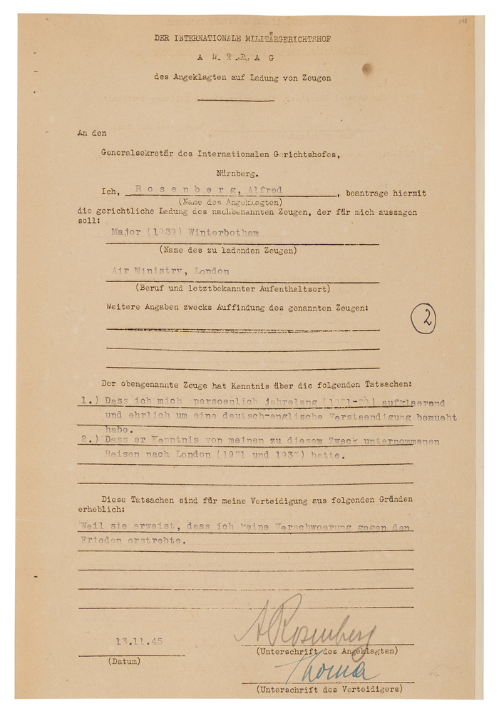 Lot 7135 Alfred Rosenberg Document Signed at Nuremberg, Calling an MI6 Spy to Testify