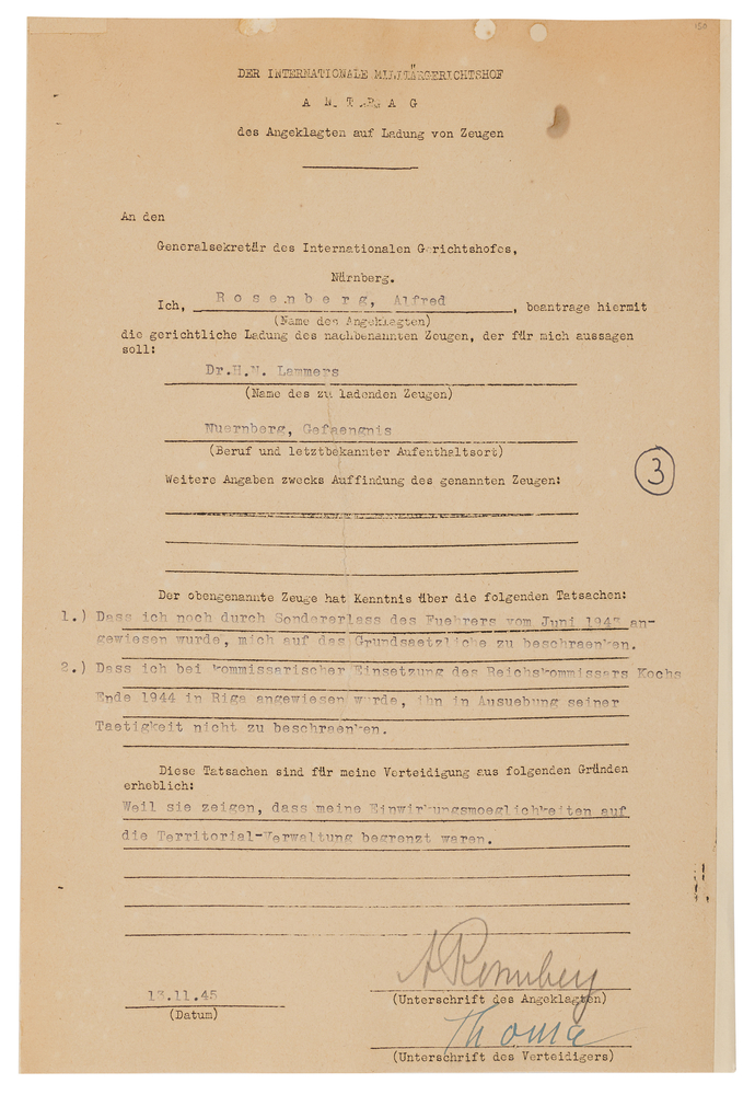 Lot 7138 Alfred Rosenberg Document Signed at Nuremberg, Seeking Hans Lammers' Testimony on a 