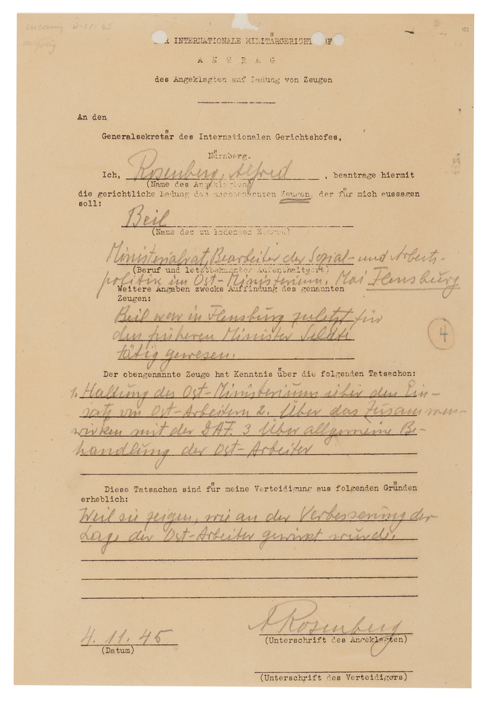 Lot 7137 Alfred Rosenberg Document Signed at Nuremberg, Seeking Testimony on His Ministry's Treatment of Slave Laborers